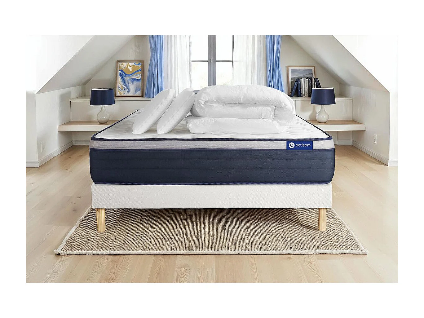 Komplettpaket Bett - Matratze 200x200 cm + Boxspringbett mit Lattenrost (im Set) + 2 Kopfkissen + Bettdecke - Actilatex Max