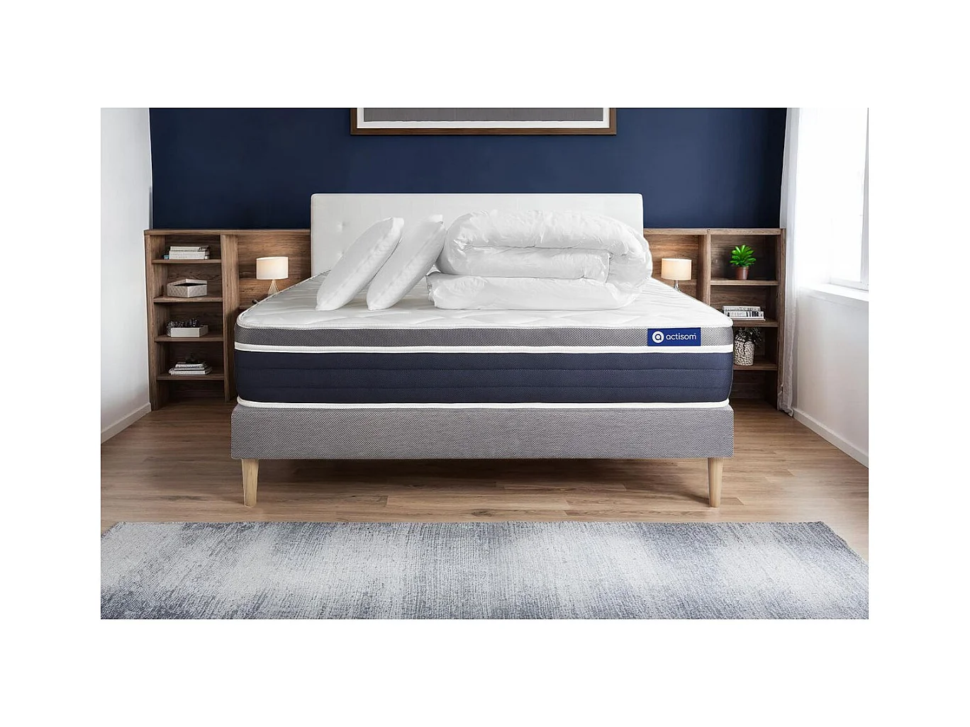 Pack prêt à dormir ACTIMEMO CONFORT Matelas mémoire de forme 180x200 Maxi épaisseur + sommier KIT gris + 2 oreillers+couette