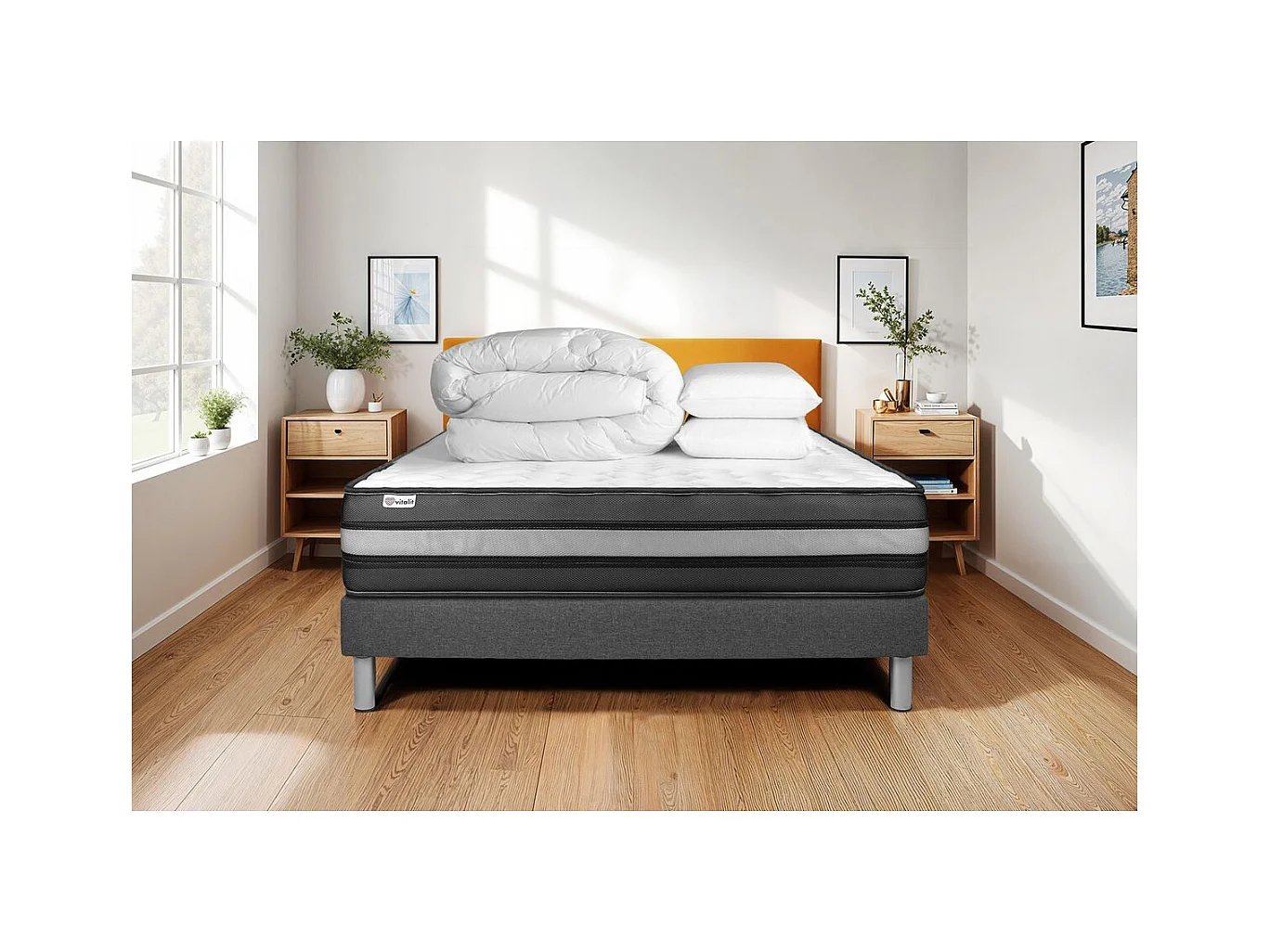 Pack prêt à dormir VITALPOWER ZEN 140 x 200 cm sommier Kit gris