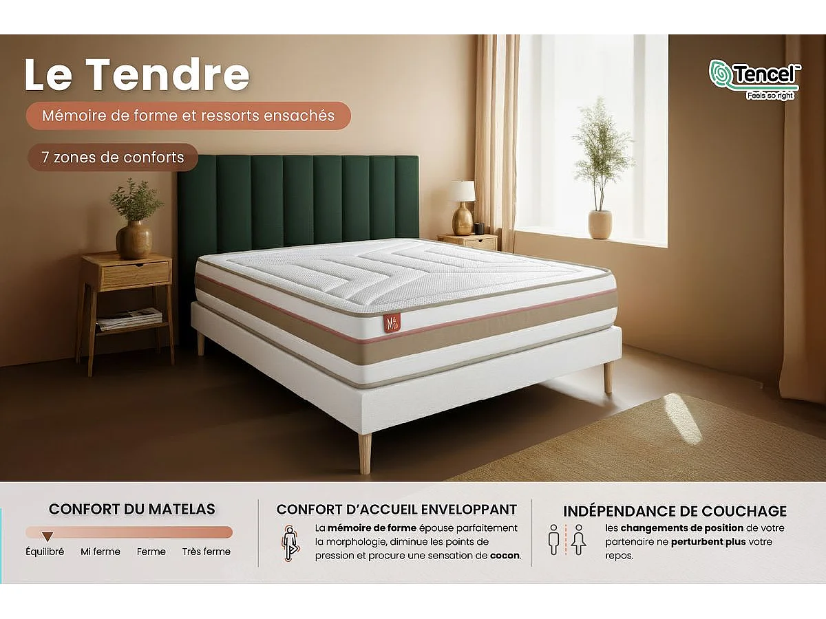 Pack prêt à dormir matelas LE TENDRE 200x200 Ressorts ensachés + Mémoire de forme + double sommiers Beige