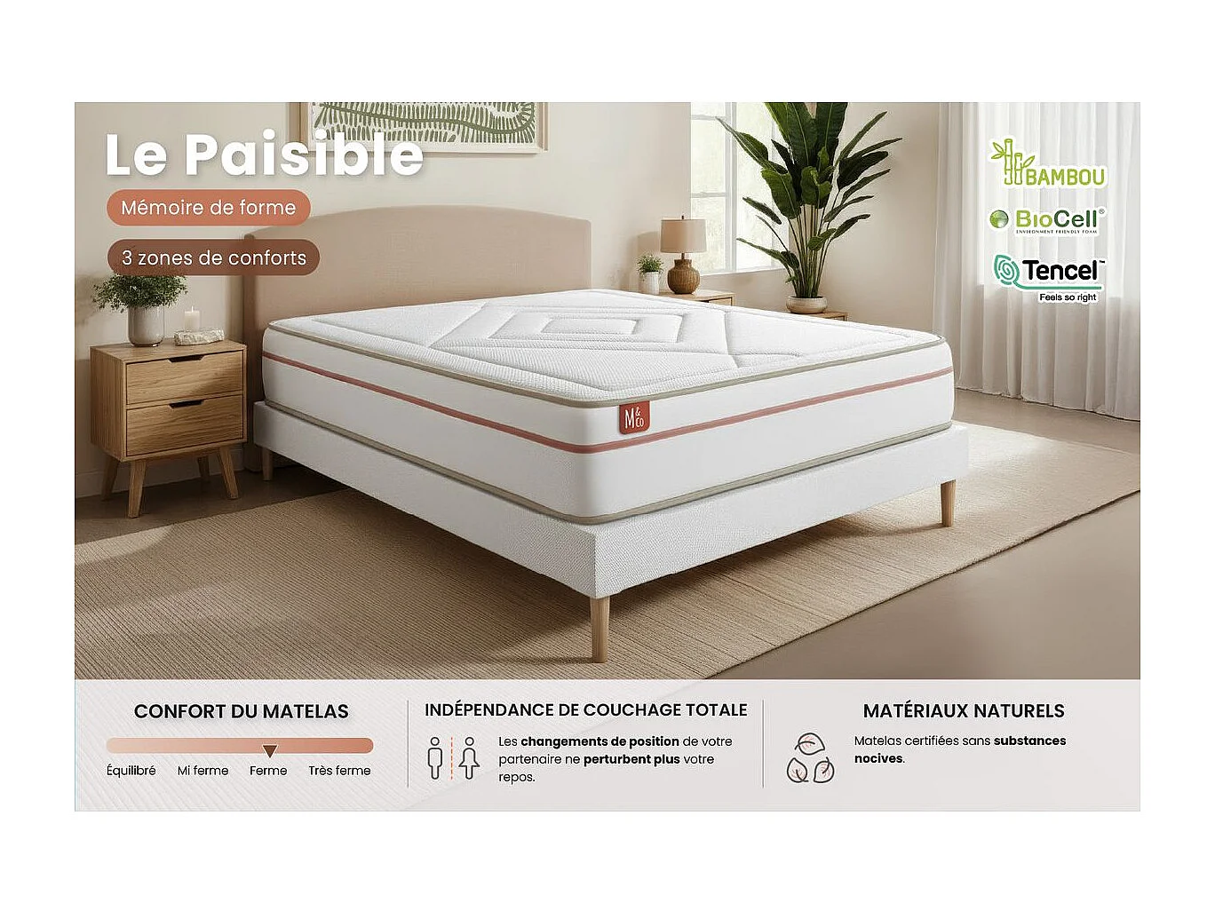 Ensemble LE PAISIBLE 200x200cm Mémoire de forme BioVisco - Ep. 24cm + sommier kit Beige