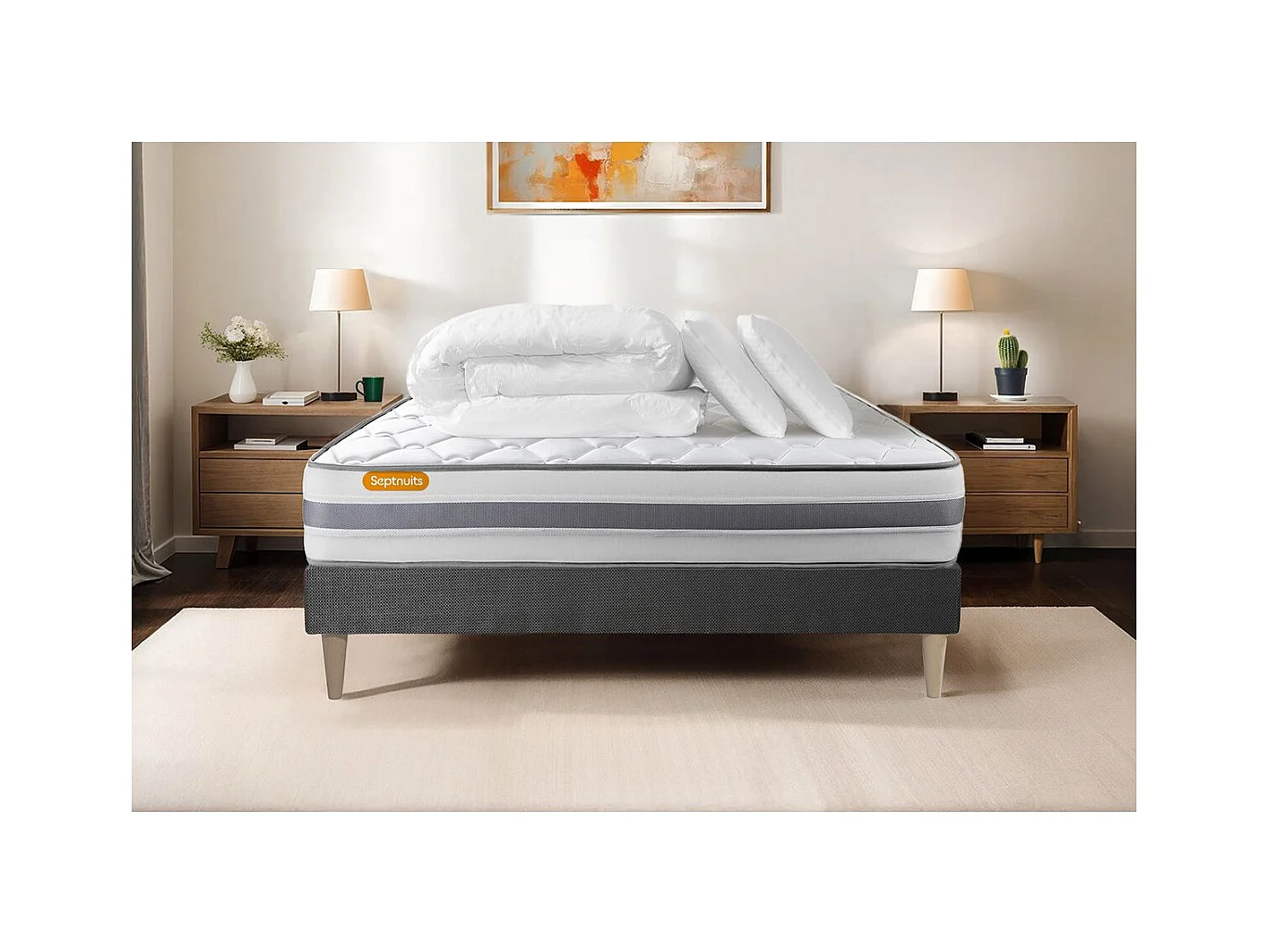 Pack matelas + sommier kit gris 180x200 Memo Spring Ressorts ensachés MAXI épaisseur + Couette + 2 oreillers