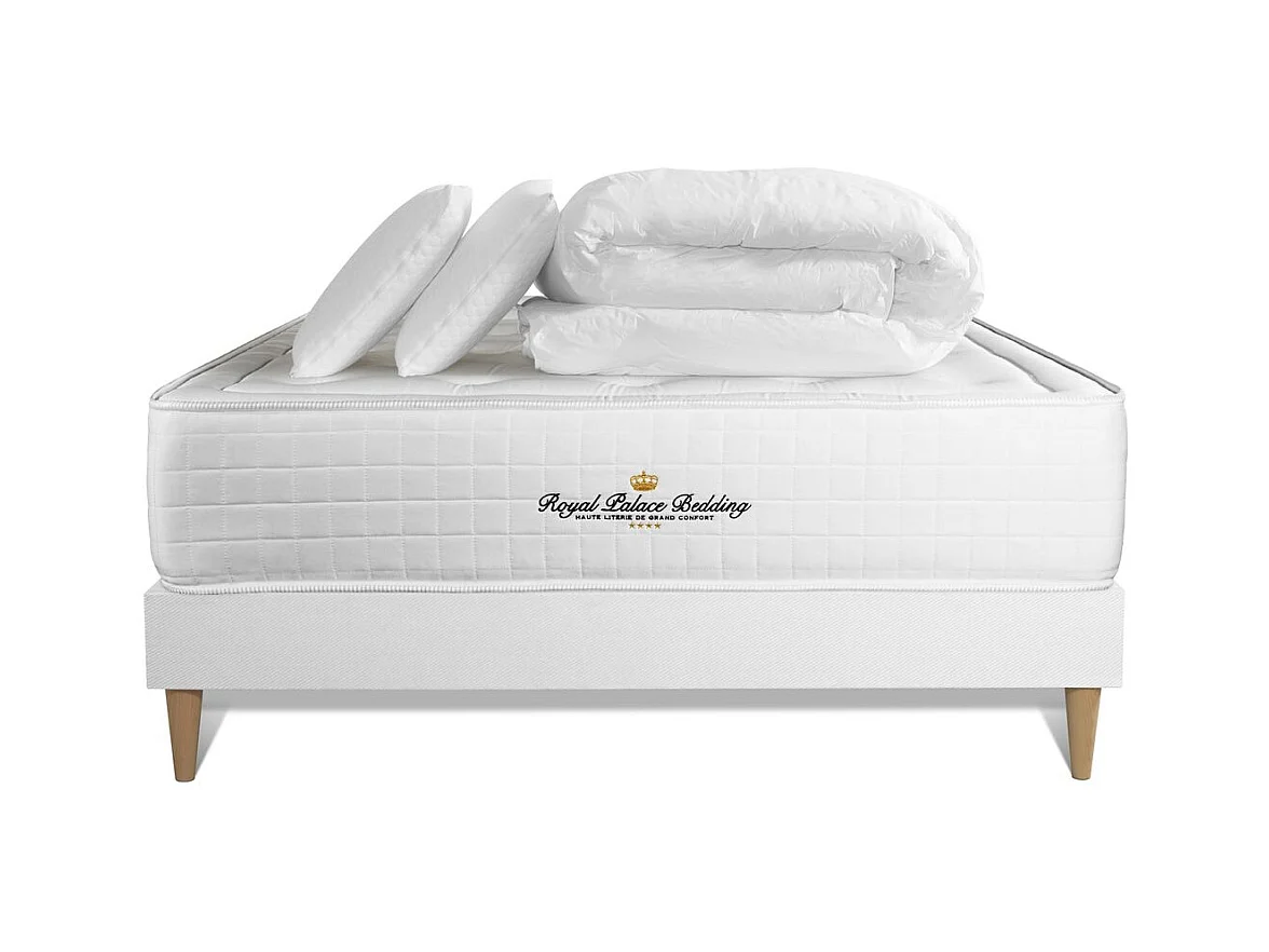 Pack matelas à mémoire de forme maxi épaisseur Buckingham 180x200cm + sommier KIT blanc + 2 oreillers + 1 couette