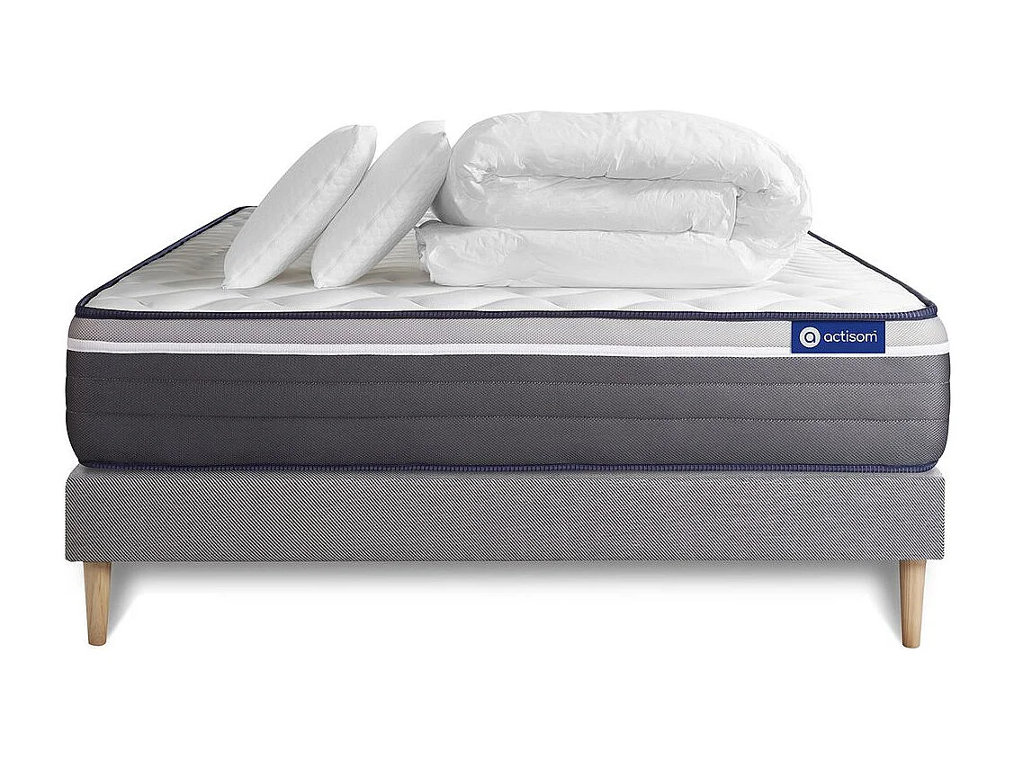 Conjunto completo de cama - Colchão 160x200 cm + estrado de molas com ripas (kit) + 2 almofadas + Edredão - Actilatex Plus