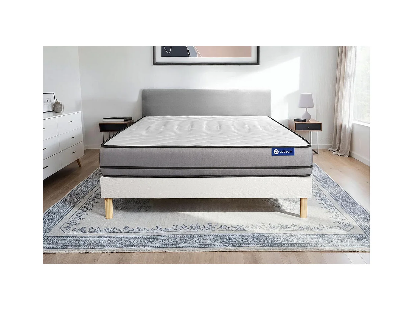 Ensemble matelas ACTIMEMO 140x200cm 2 faces à MÉMOIRE DE FORME 3zones de confort + sommier KIT blanc