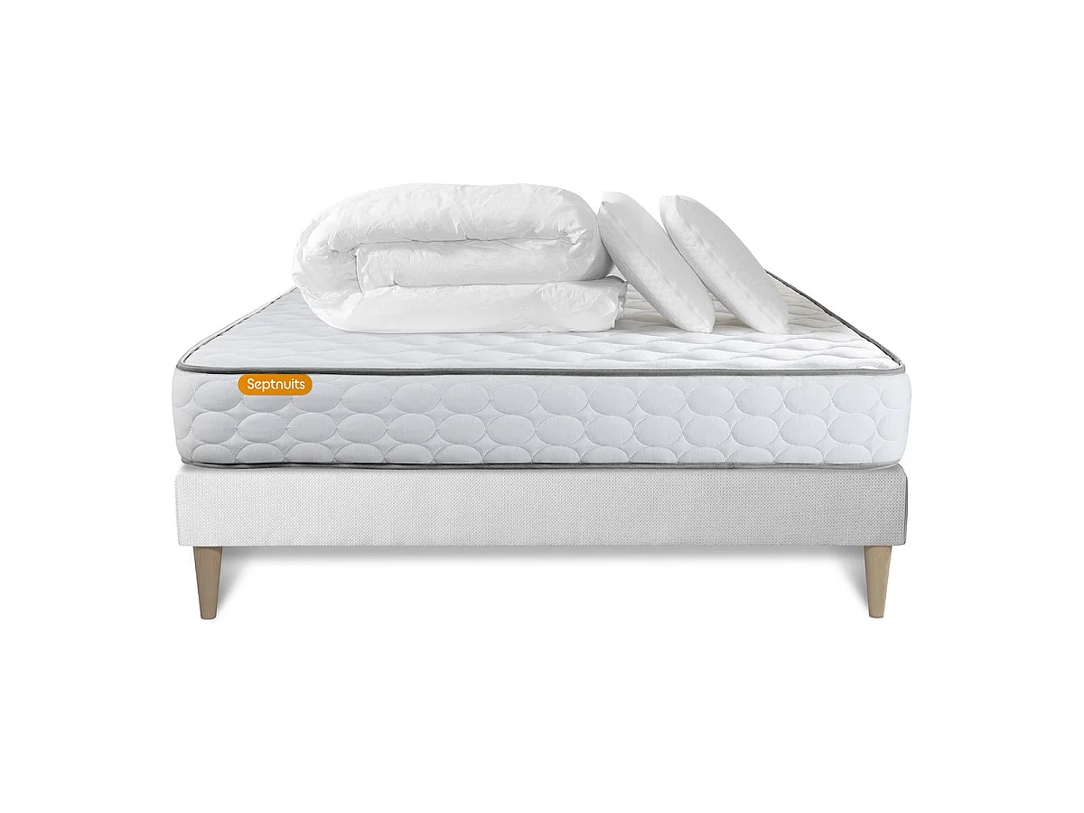 Pack matelas Memo + sommier kit blanc 140x190 + 2 oreillers mémoire de forme