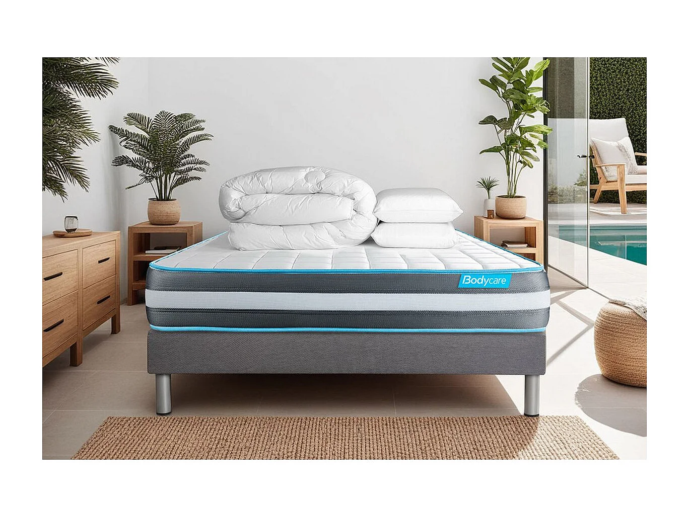 Pack 140x200 matelas BodyForm + sommier kit gris + Couette 240x220cm + 2 oreillers 60x40cm