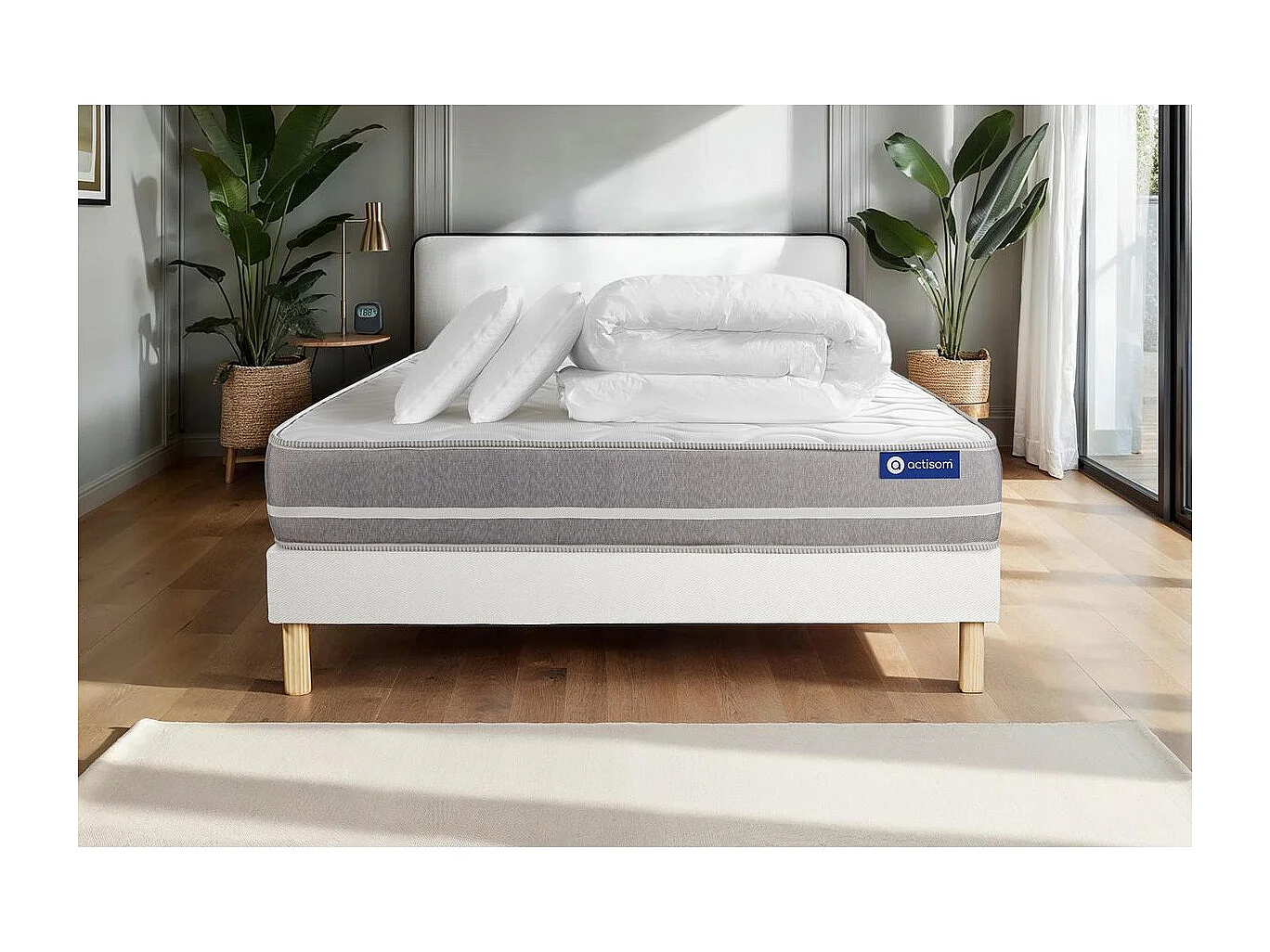 Pack prêt à dormir matelas Ressorts ensachés ACTIFLEX TOUCH 160x200 3zones confort + sommier KIT blanc + 2 oreillers +couette
