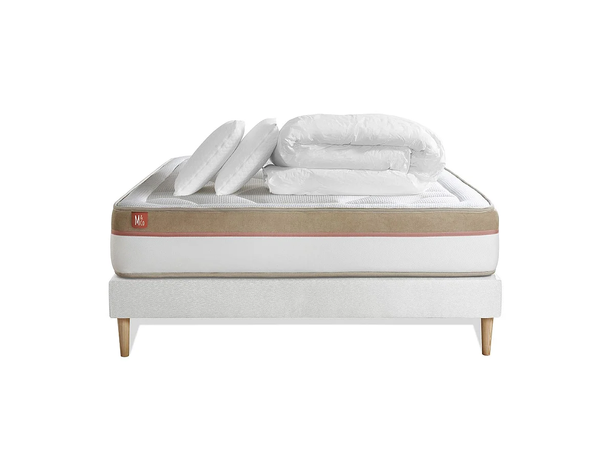 Pack prêt à dormir matelas LE COSY 140x190cm Mémoire de forme - Ep. 30cm + sommier kit Blanc + 2 oreillers + couette 240x220