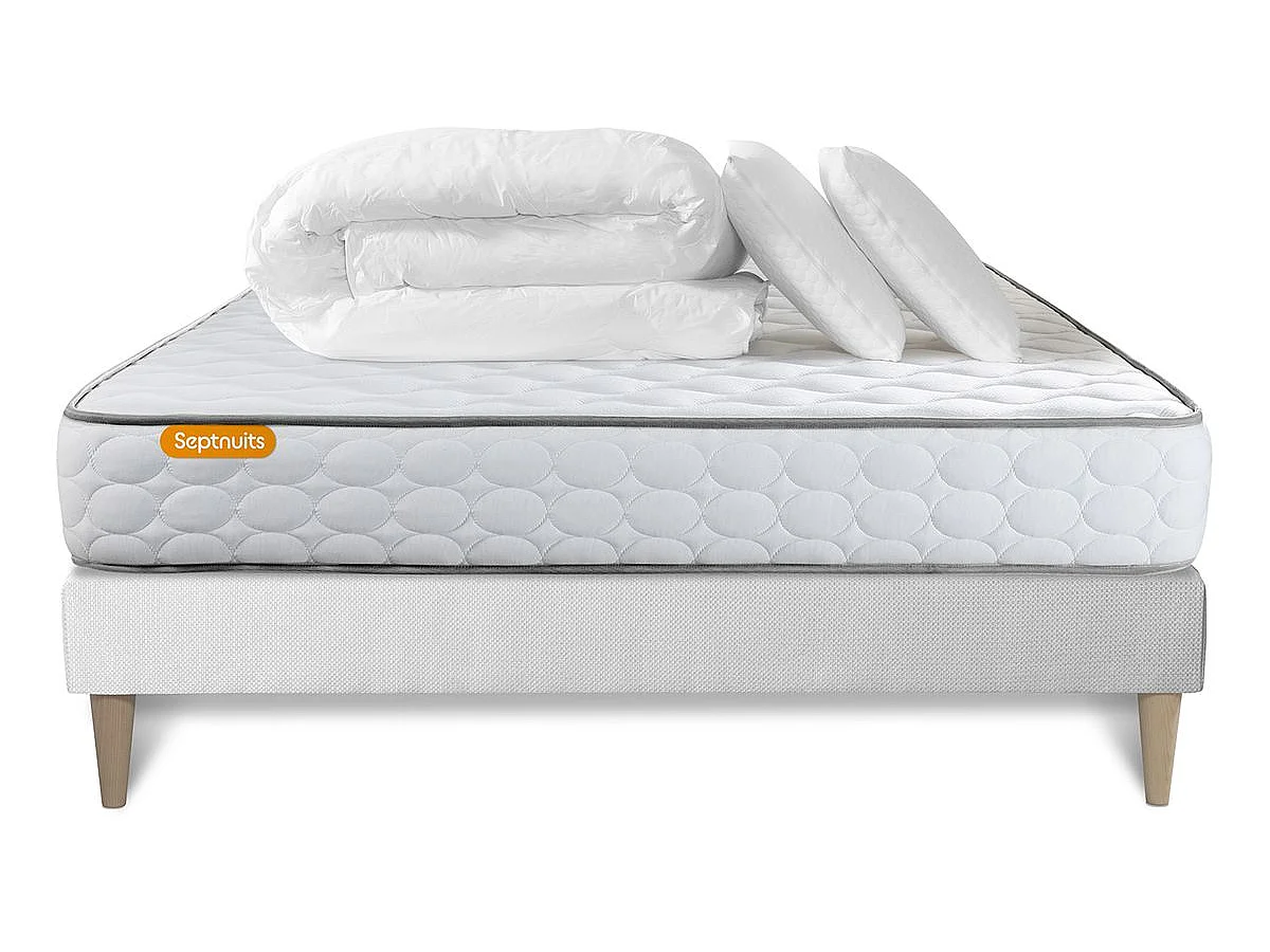 Pack matelas Memo + sommier kit blanc 140x200 + 2 oreillers mémoire de forme