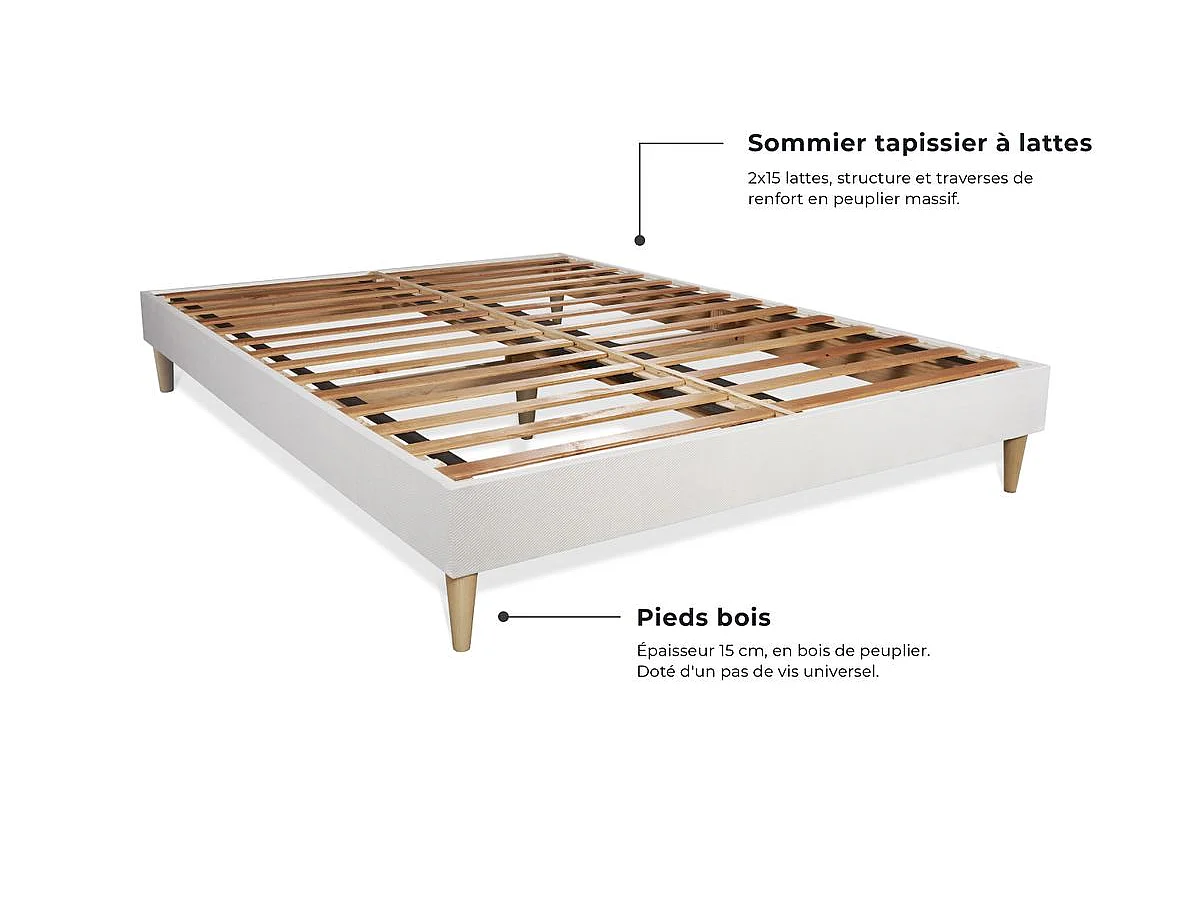 Pack matelas Memo + sommier kit blanc 140x200 + 2 oreillers mémoire de forme