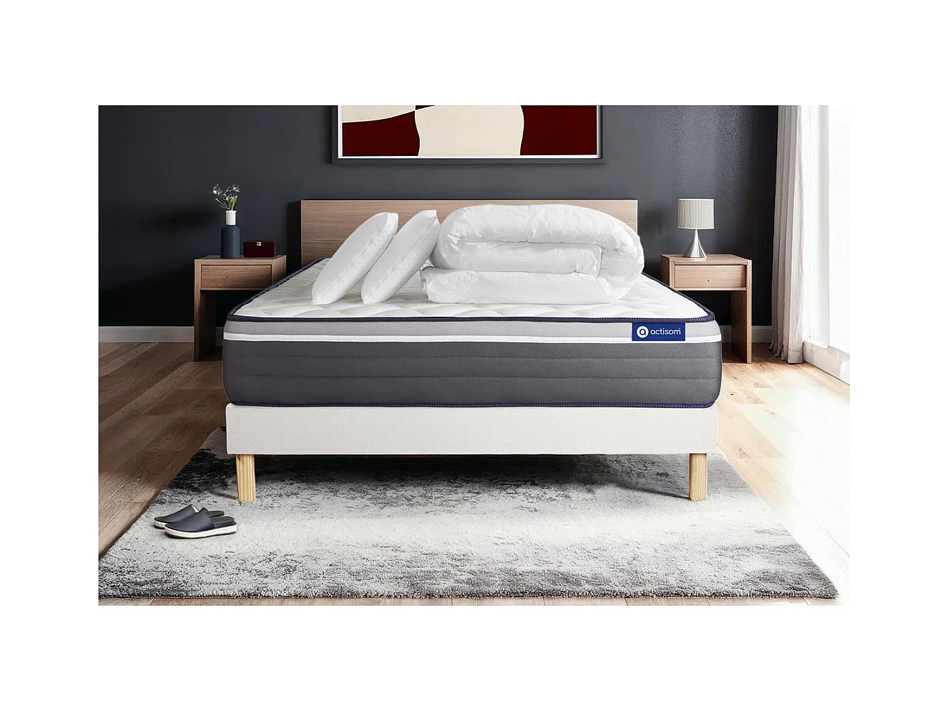 Pack prêt à dormir matelas ACTILATEX PLUS 180x200 cm Latex + Mémoire de forme + sommier KIT blanc + 2 oreillers + couette