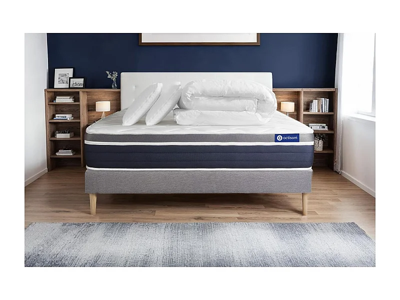 Komplettpaket Bett - Matratze 200x200 cm + Boxspringbett mit Lattenrost (im Set) + 2 Kopfkissen + Bettdecke - Actiflex Confort