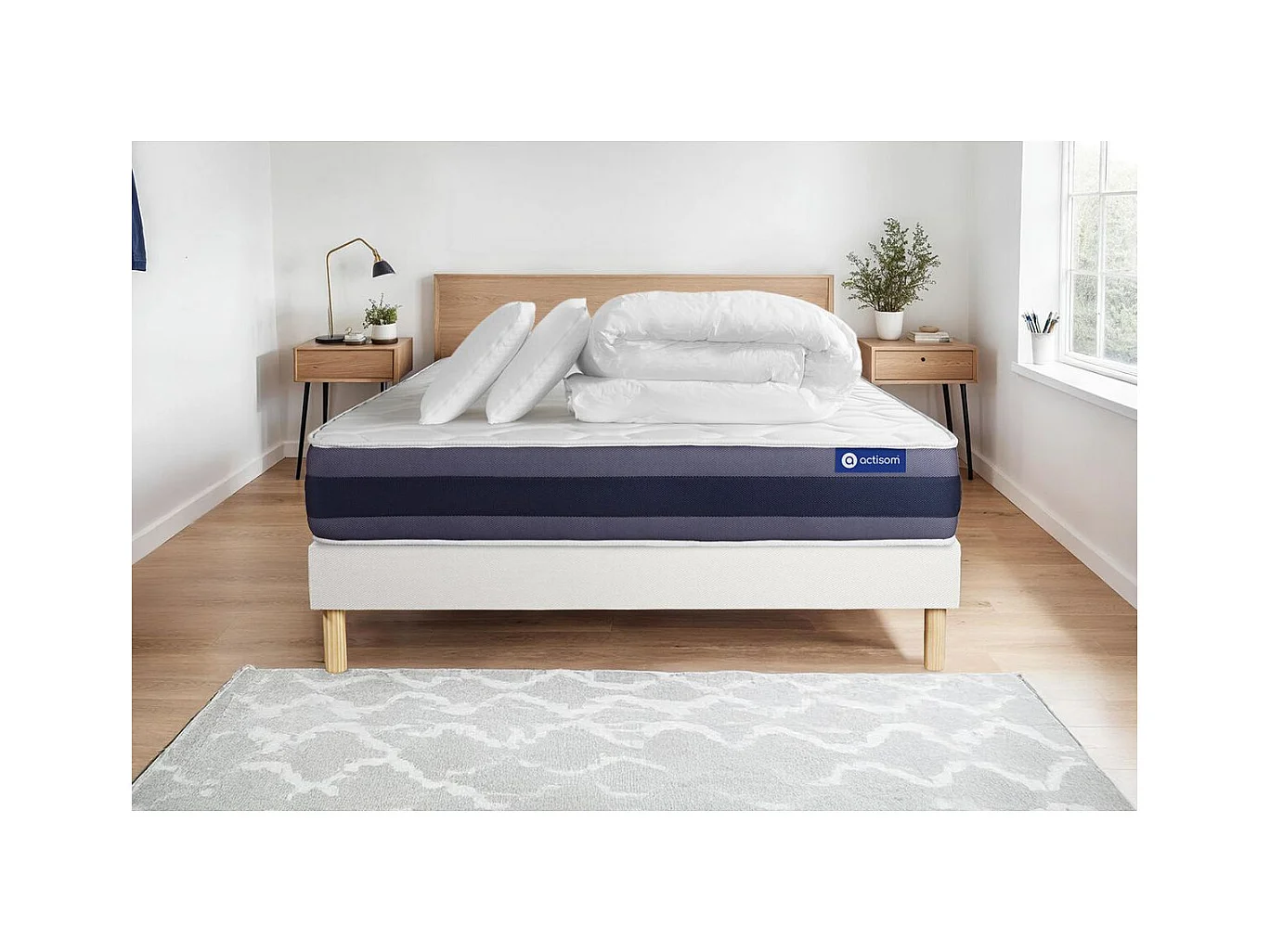 Pack prêt à dormir matelas Latex + Mémoire de forme ACTILATEX MORPHO 180x200 cm + sommier KIT blanc + 2 oreillers + couette