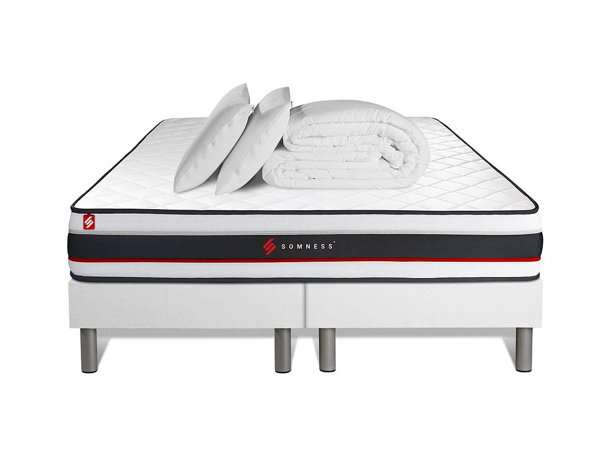 Pack double sommier 90x200 + matelas FORM 180x200 + 2 oreillers mémoire de forme + Couette Percale