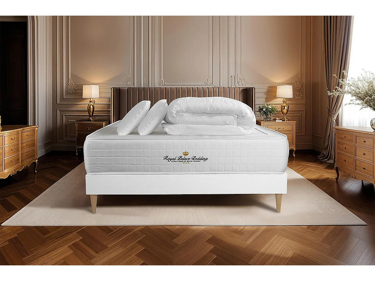 Pack matelas ressorts ensachés + mémoire de forme maxi épaisseur Windsor 140x190cm + 2 oreillers + 1 couette 240x220cm