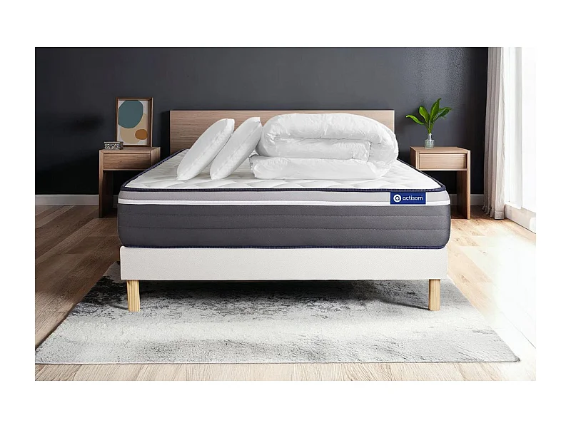 Pack cama completa - Colchón 180x200cm + Somier con láminas (kit) + 2 almohadas + Edredón - ActiMemo Plus