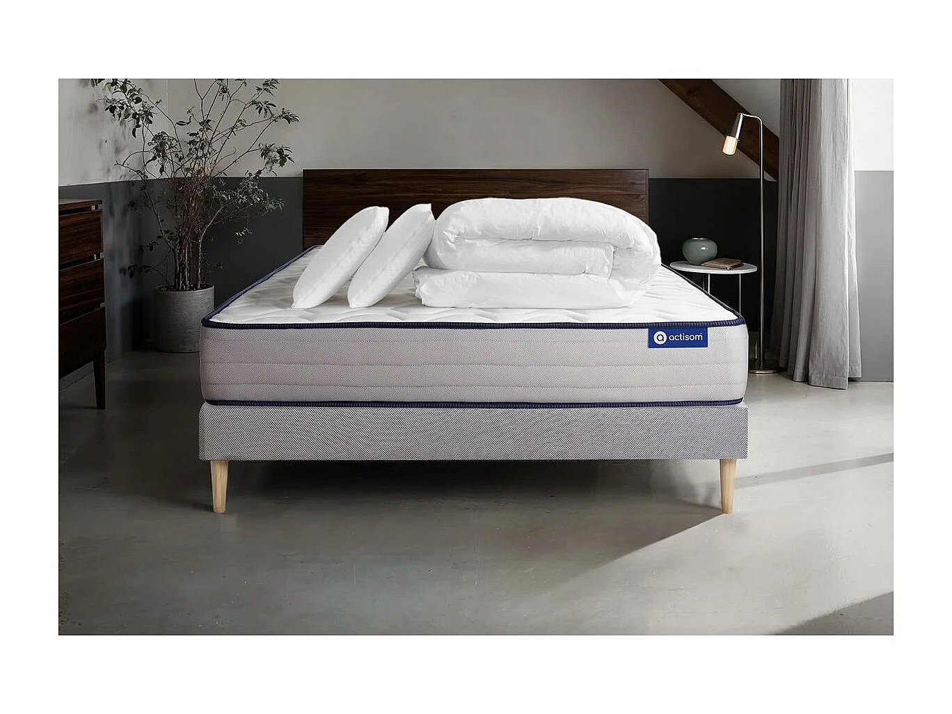 Pack prêt à dormir matelas Ressorts ensachés + Mémoire de forme ACTIFLEX FORM 160x200 + sommier KIT gris +2oreillers+couette