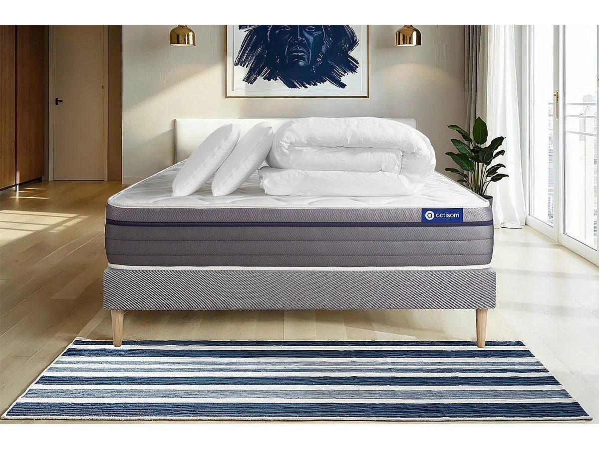 Pack prêt à dormir matelas Ressorts ensachés+Mémoire de forme ACTIFLEX ZEN 140x200 + sommier KIT gris + 2 oreillers +couette