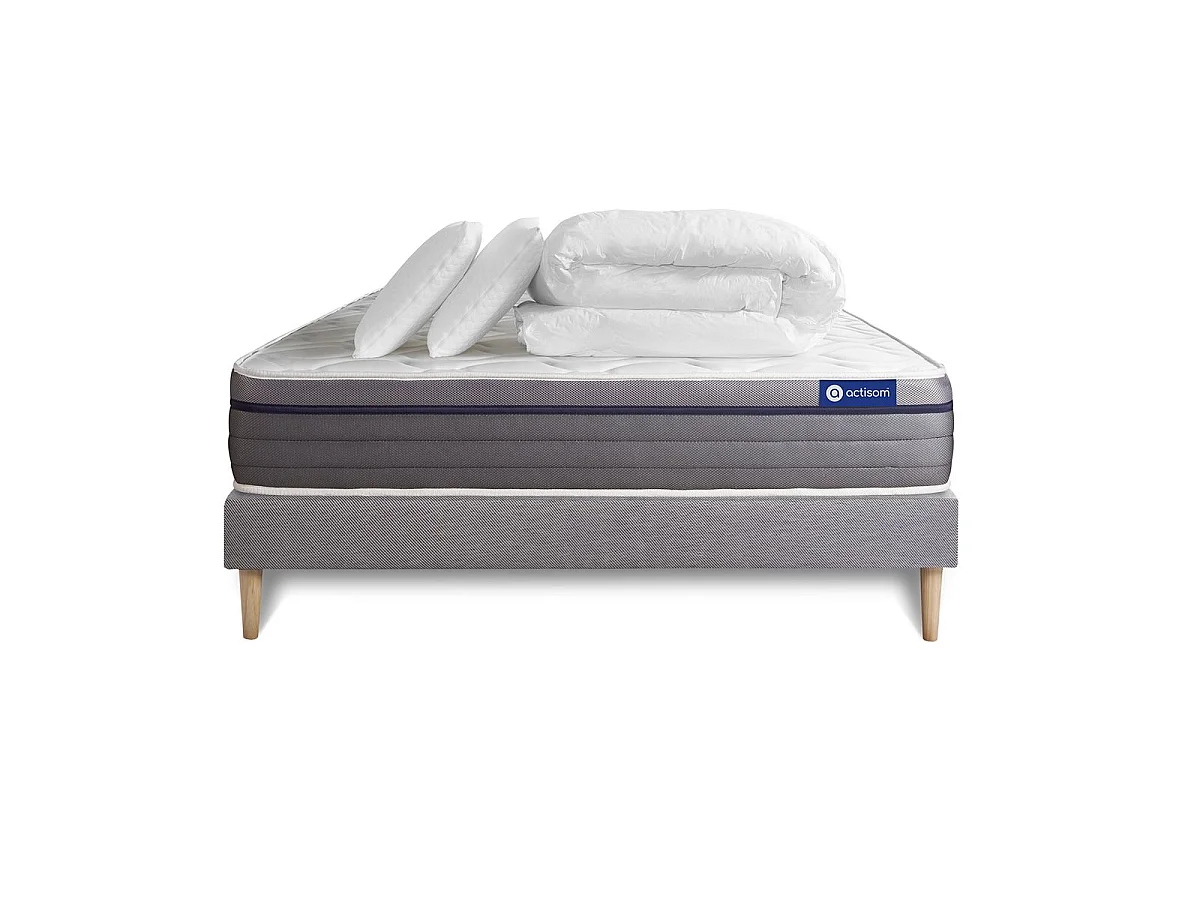 Pack prêt à dormir matelas Ressorts ensachés+Mémoire de forme ACTIFLEX ZEN 140x200 + sommier KIT gris + 2 oreillers +couette