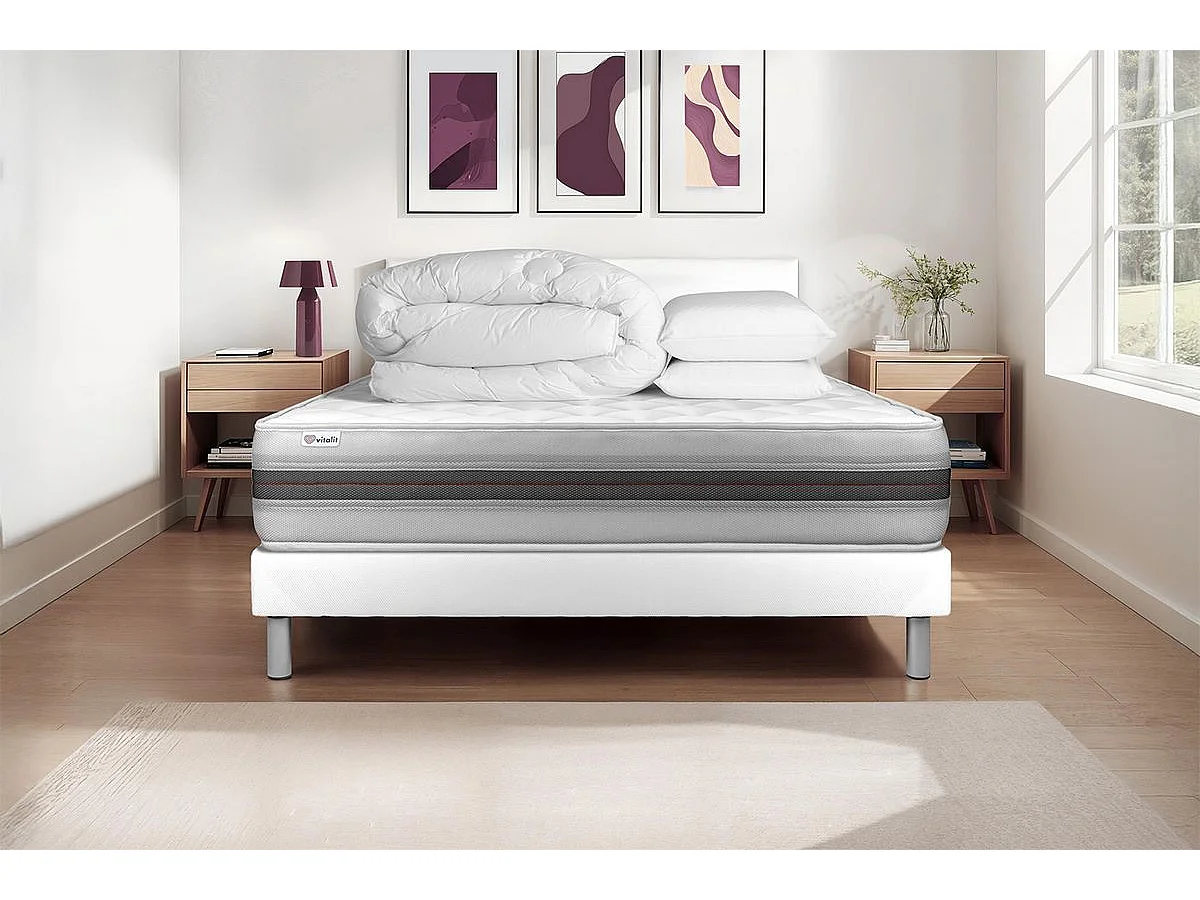 Pack cama completa - Colchón 140x190cm + Somier con láminas (kit) + 2 almohadas + Edredón - Vitalmemo Back