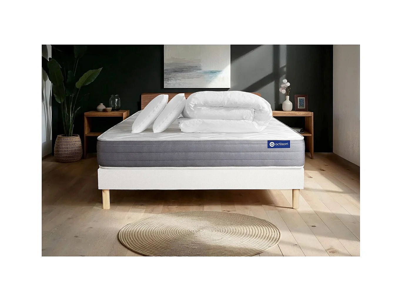 Pack prêt à dormir matelas ACTIFLEX DREAM Ressorts ensachés + mémoire de forme 140x200 + sommier KIT blanc +2oreillers+couette