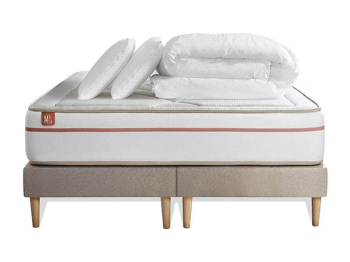 Pack prêt à dormir matelas LE PAISIBLE 200x200cm Mémoire de forme BioVisco + double sommiers Beige + 2 oreillers + couette