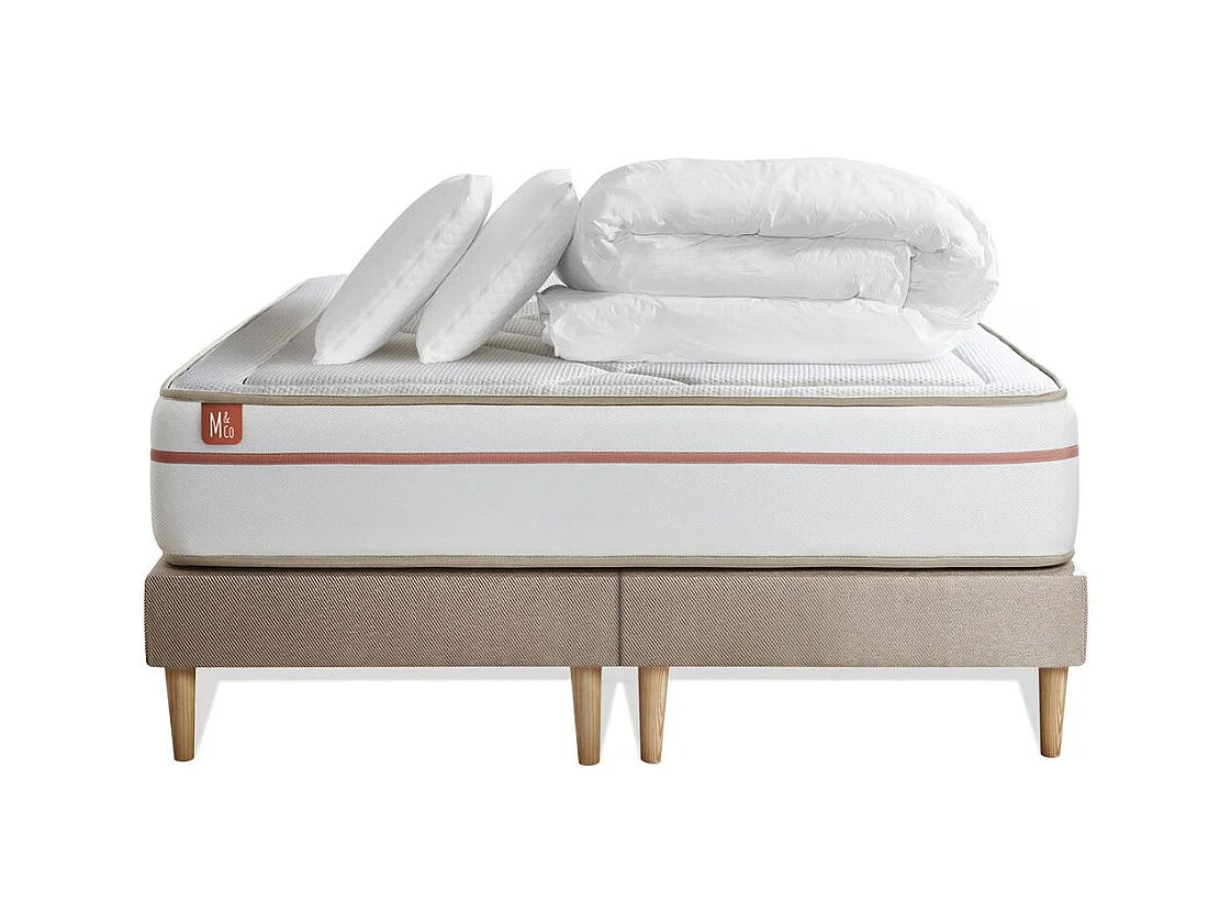 Pack prêt à dormir matelas LE PAISIBLE 200x200cm Mémoire de forme BioVisco + double sommiers Beige + 2 oreillers + couette