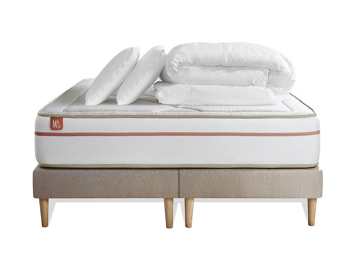 Pack prêt à dormir matelas LE PAISIBLE 200x200cm Mémoire de forme BioVisco + double sommiers Beige + 2 oreillers + couette