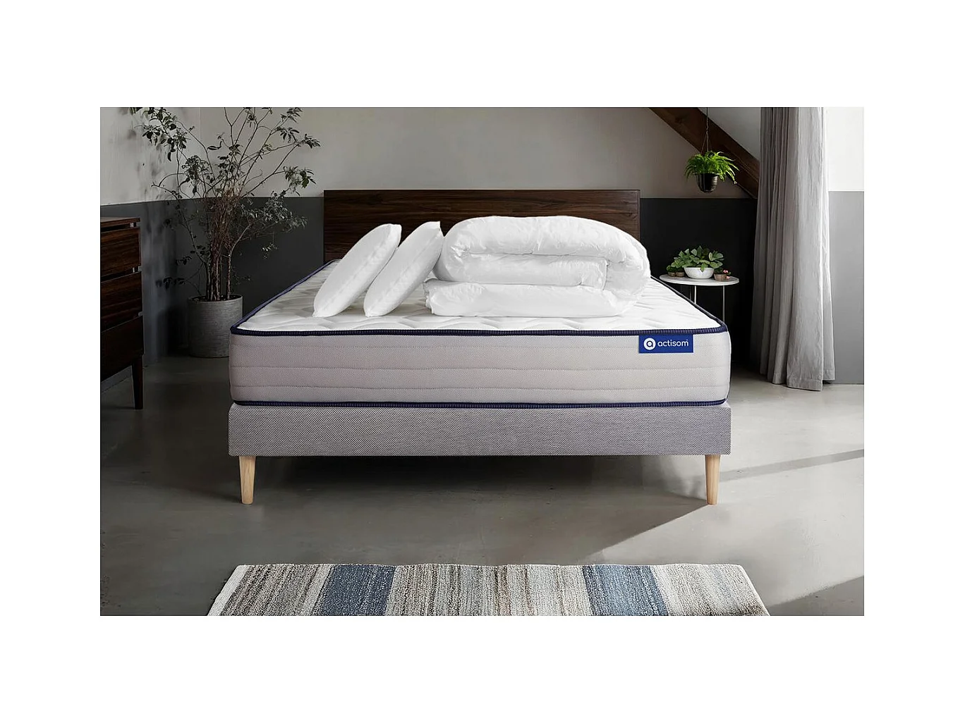 Pack prêt à dormir matelas Mémoire de forme ACTIMEMO FORM 180x200 cm 5zones confort + sommier KIT gris + 2 oreillers+couette
