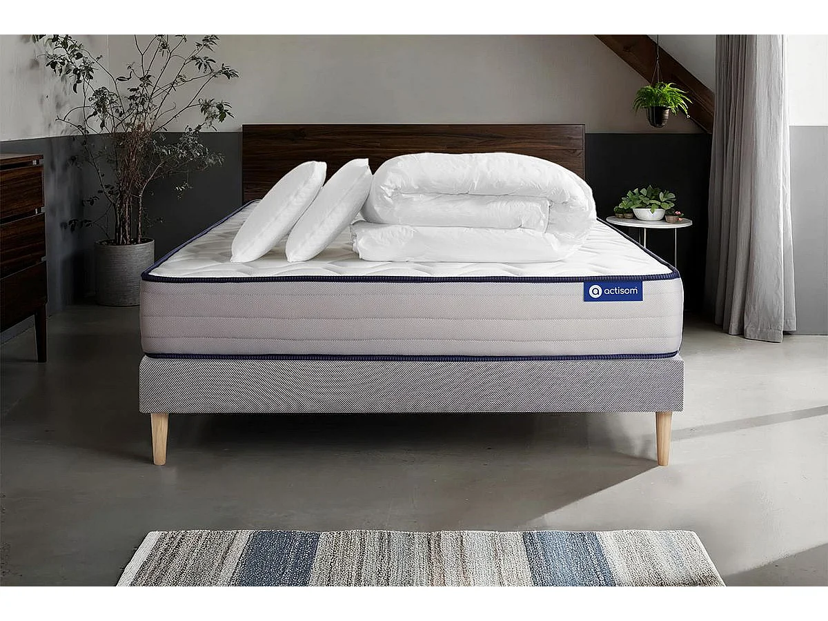 Pack prêt à dormir matelas Mémoire de forme ACTIMEMO FORM 180x200 cm 5zones confort + sommier KIT gris + 2 oreillers+couette
