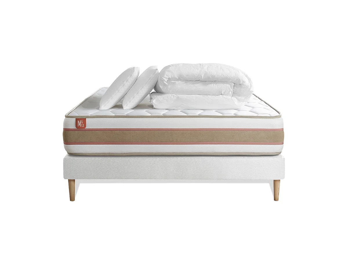 Pack prêt à dormir matelas LE DÉLICAT 140x190 Ressorts ensachés et Mémoire de forme + sommier Blanc + 2 oreillers + couette