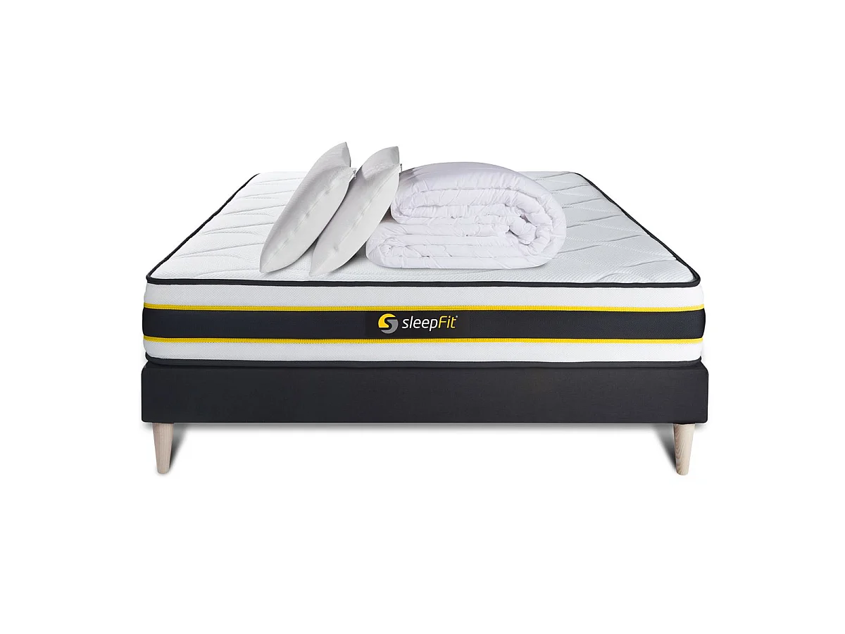 Pack prêt à dormir 140x200 matelas FLEXY + sommier kit noir + 2 oreillers mémoire de forme 60x40cm + Couette Percale 240x220 cm
