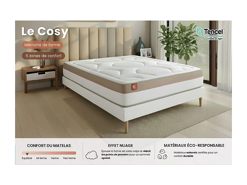 Pack prêt à dormir matelas LE COSY 160x200cm Mémoire de forme - Ep. 30cm + sommier kit Blanc