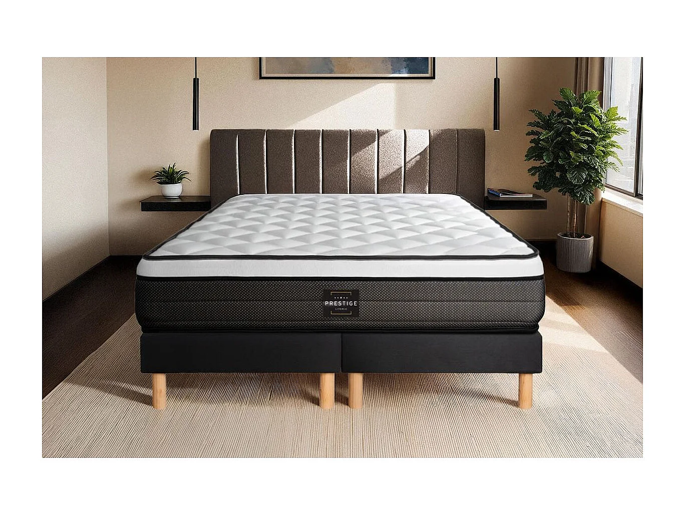 Ensemble Suite 200x200 Ressorts ensachés, mémoire de forme 5 zones double sommier noir