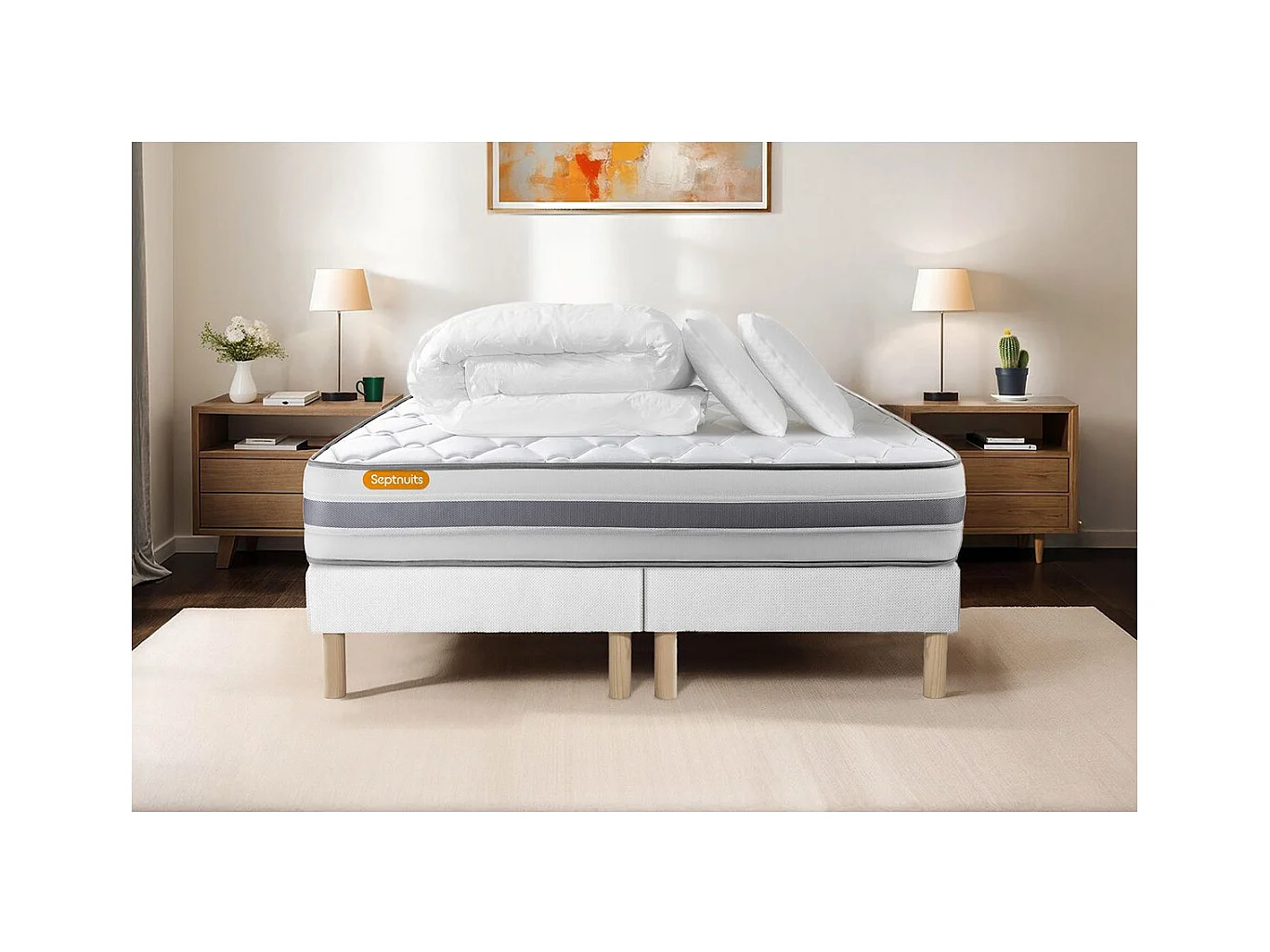 Pack matelas 180x200 + double sommiers 90x200 Memo Spring Ressorts ensachés 3 zones MAXI épaisseur + Couette + 2 oreillers