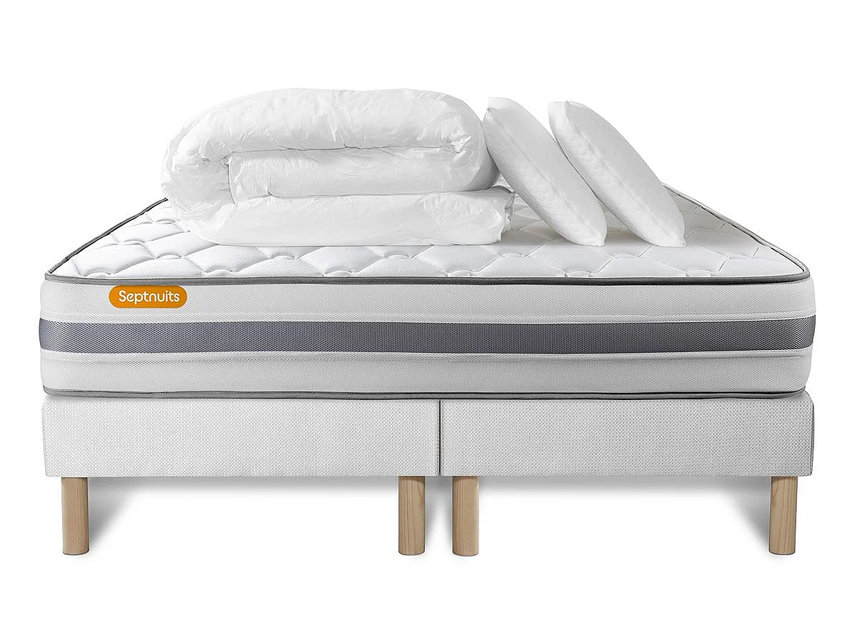 Pack matelas 180x200 + double sommiers 90x200 Memo Spring Ressorts ensachés 3 zones MAXI épaisseur + Couette + 2 oreillers
