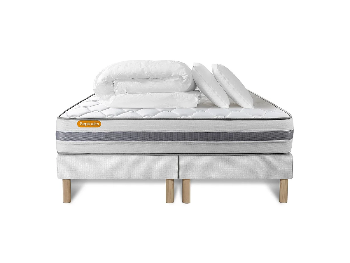 Pack matelas 180x200 + double sommiers 90x200 Memo Spring Ressorts ensachés 3 zones MAXI épaisseur + Couette + 2 oreillers
