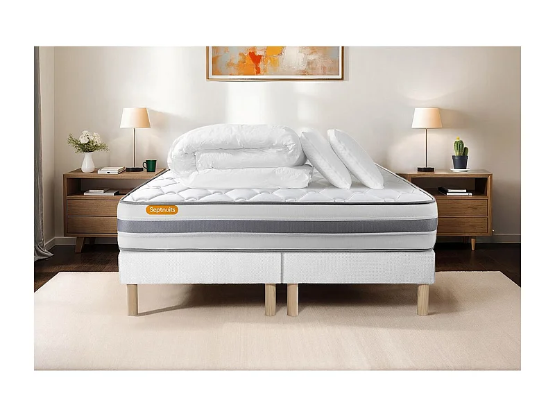 Pack matelas 180x200 + double sommiers 90x200 Memo Spring Ressorts ensachés 3 zones MAXI épaisseur + Couette + 2 oreillers