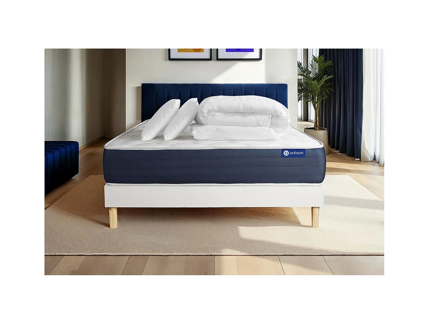 Pack prêt à dormir matelas Mémoire de forme ACTIMEMO SLEEP 180x200 5zones confort + sommier KIT blanc + 2 oreillers + couette