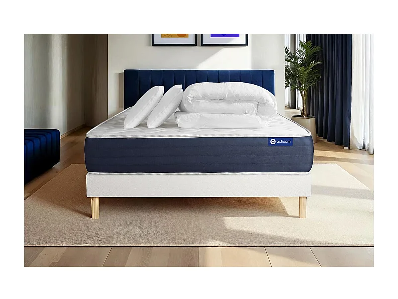 Pack prêt à dormir matelas Mémoire de forme ACTIMEMO SLEEP 180x200 5zones confort + sommier KIT blanc + 2 oreillers + couette