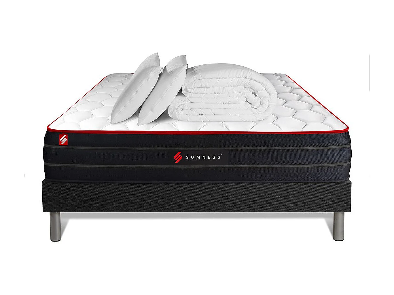 Pack matelas BOOST 160x200 + sommier noir + Couette + 2 oreillers