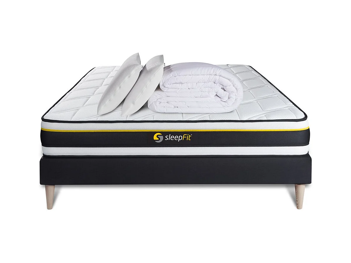 Pack sommier + matelas SOFT 140x190 + 2 oreillers mémoire de forme + Couette Percale