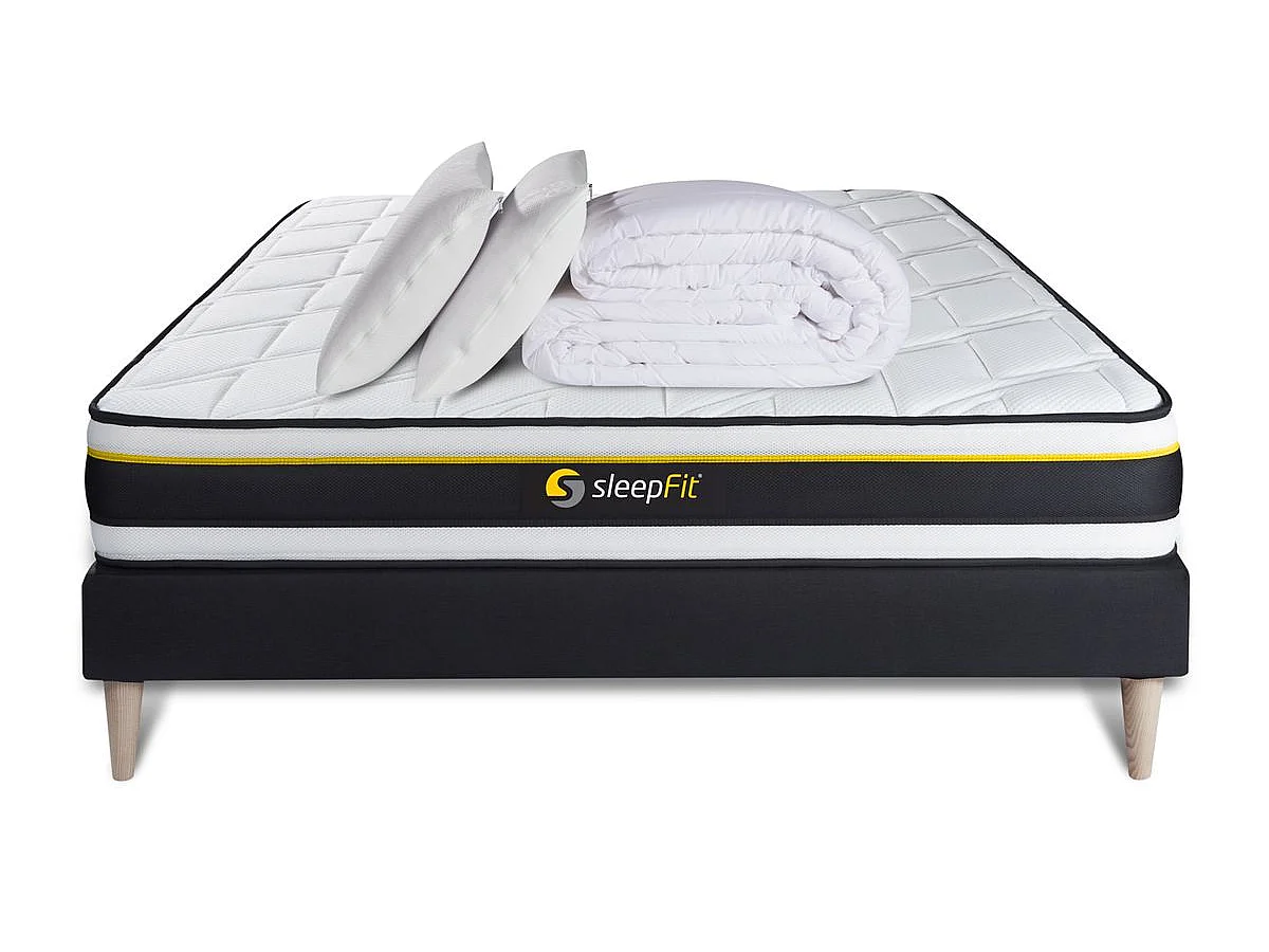 Pack sommier + matelas SOFT 140x190 + 2 oreillers mémoire de forme + Couette Percale