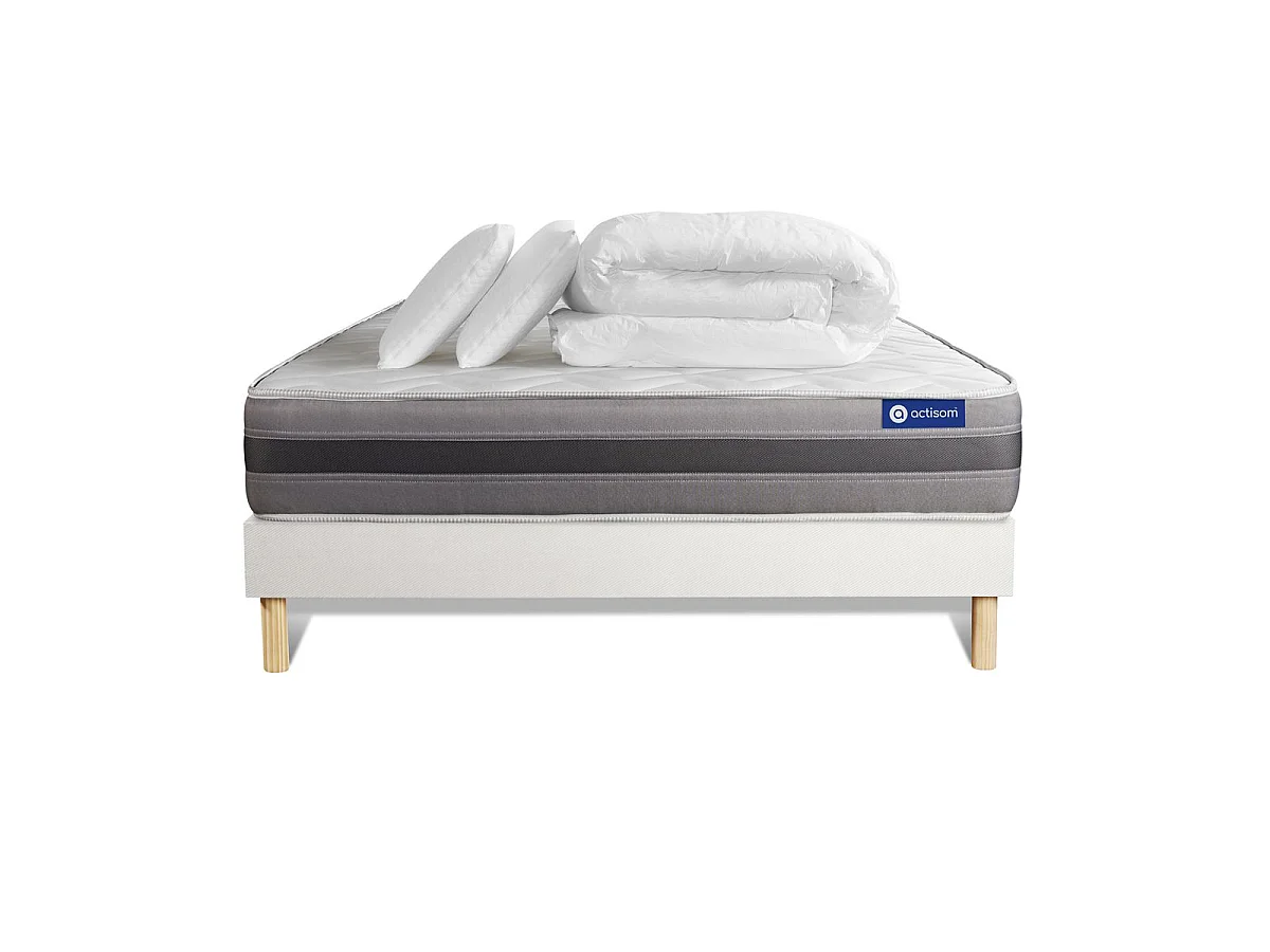 Pack prêt à dormir matelas ACTIMEMO RELAX mémoire de forme 160x200 cm Maxi épaisseur + sommier KIT blanc + 2oreillers+couette