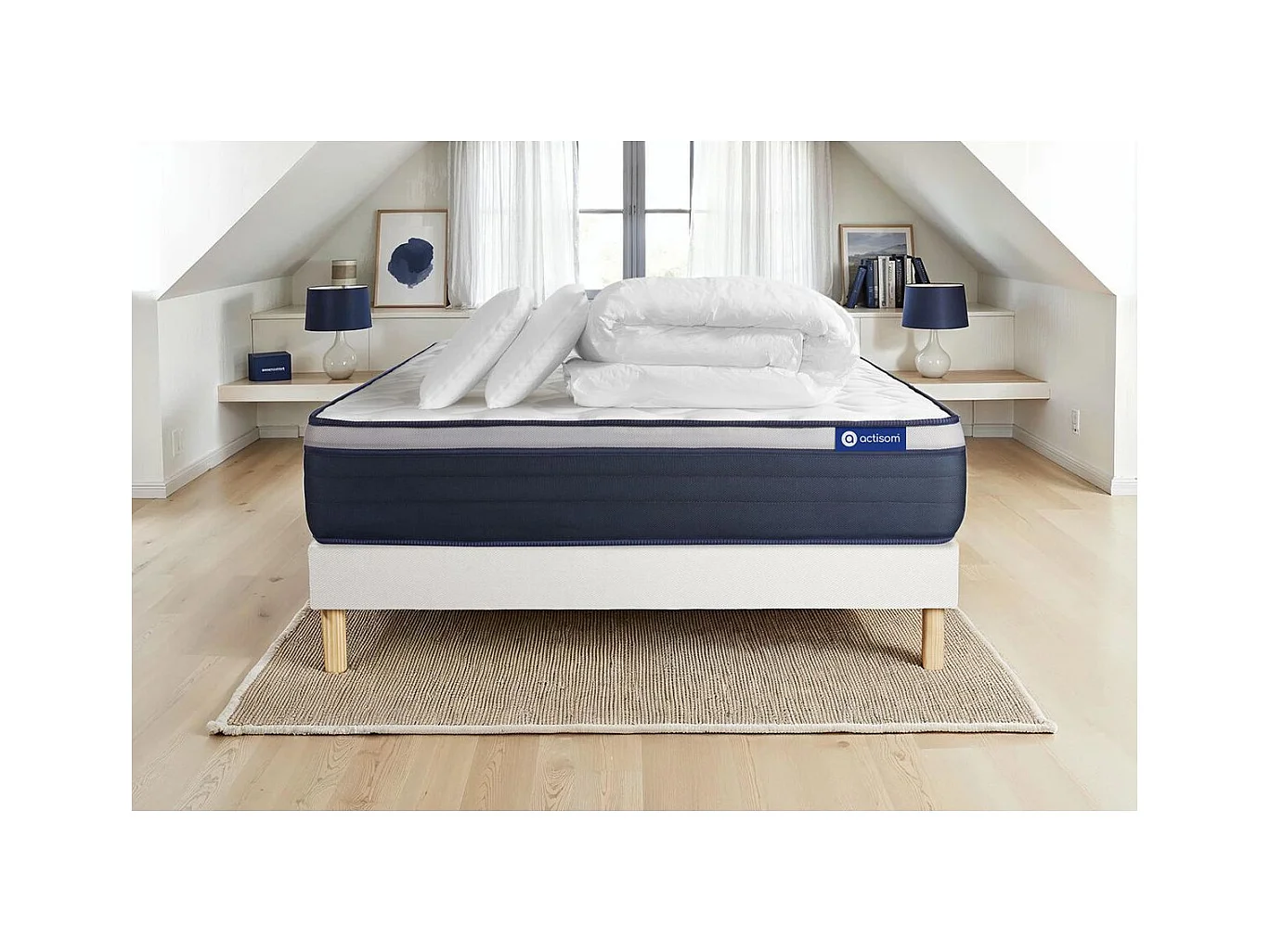 Pack prêt à dormir matelas Ressorts ensachés+Mémoire de forme ACTIFLEX MAX 200x200cm + sommier KIT blanc + 2oreillers+couette