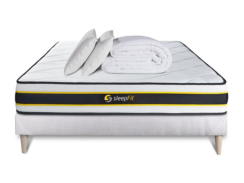 Pack prêt à dormir 160x200 matelas FLEXY + sommier kit blanc + 2 oreillers mémoire de forme 60x40cm + Couette Percale 260x240cm