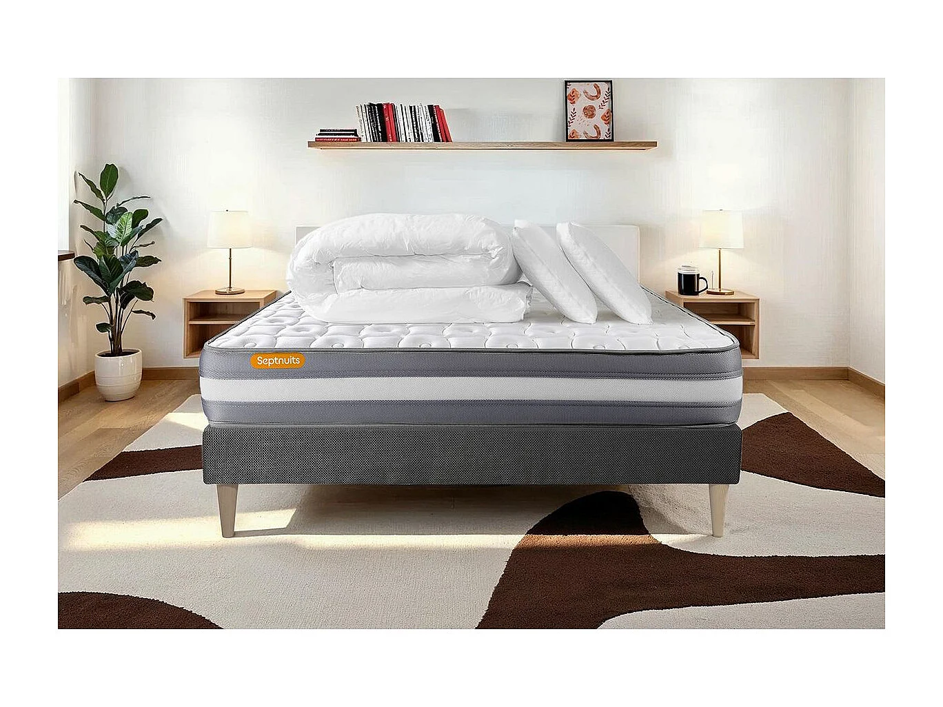 PACK matelas + sommier gris 140x200 Memo Plus Mémoire de forme 3 zones + 2 oreillers + couette