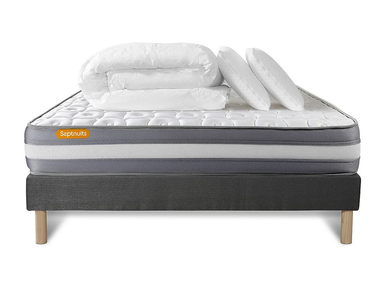PACK matelas + sommier gris 140x200 Memo Plus Mémoire de forme 3 zones + 2 oreillers + couette