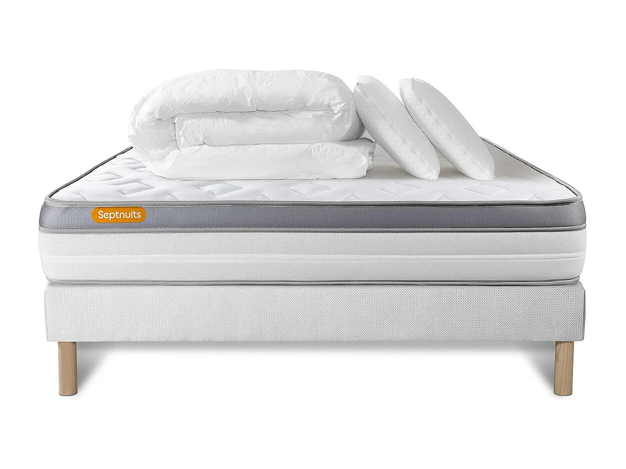 Pack matelas + sommier 140x200 Memo Zen Mousse à mémoire de forme 5 zones de confort MAXI épaisseur + Couette + 2 oreillers